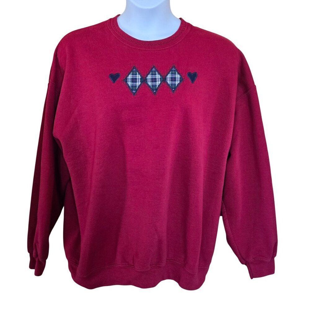 Red Sweatshirt Plaid Argyle Heart Accents vintage grannycore  Heavy Blend